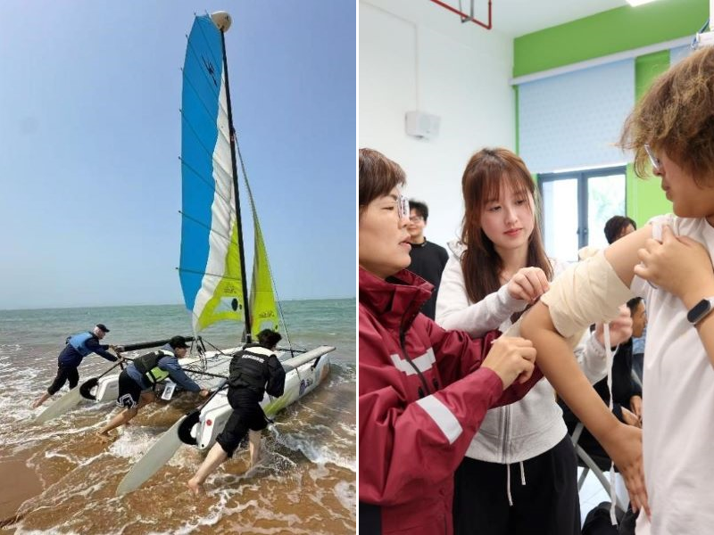 Double picture of HAIC students sailing and practicing First Aid