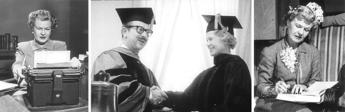Black and white photos of Nina Mason Pulliam at a typewriter, at graduation, and writing in a book